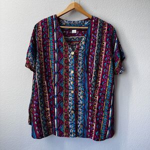 Vintage Maggie McNaughton Women's Top Blouse Shirt Tribal Boho Gold Buttons 20W